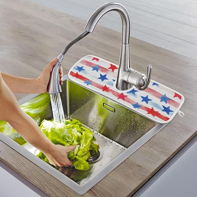 2 PCS Kitchen Sink Splash Guard 23.6 Inch Faucet Mat for Kitchen Sink Bathroom Sink Faucet Absorbing Drip Drain Mat Pad Microfiber Soft Washable White and Red Patriotic Striped Stars