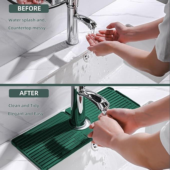 Faucet Mat for Kitchen Sink, Silicone Faucet Handle Drip Catcher Tray, Drying Mat as Sponge and Soap Holder with Lateral Inflow for Kitchen Bathroom Farmhouse & RV Sink Accessories (Green)