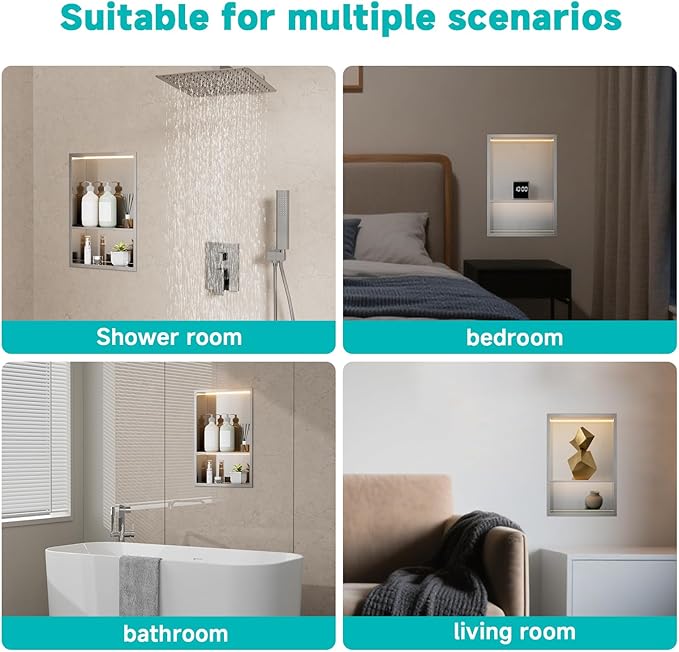 Stainless Steel LED Lights Shower Niche 12" x 18" – Recessed 2-Tier Shower Shelf, 12"x12" Upper & 12"x6" Lower Storage, Modern Bathroom Wall Niche (Brushed)