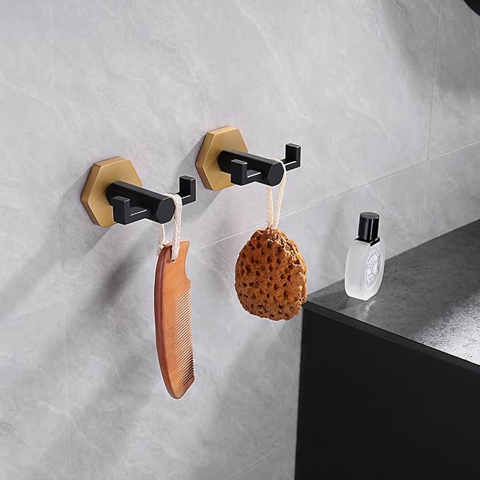 GERZWY Stainless Steel Coat/Robe Clothes Hook for Bath Kitchen, Bathroom Double Towel Hook Wall Mounted 2 Pack (Black & Gold)