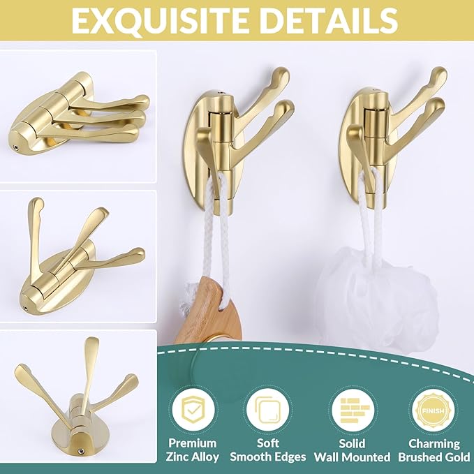 APLusee Swivel Robe Towel Hook 2 PCS Brushed Gold, Metal 3 Arms Folding Clothes Hook, Flexible Bathroom Home RV Storage Holder, Wall Mounted