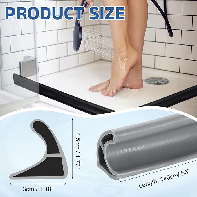 uxcell Shower Water Barrier, 55" TPE Splash Guard Shower Water Stopper Retention System for Bathtub Sink Washing Machine Dry and Wet Separation, 1.18"W x 1.77"H, Gray