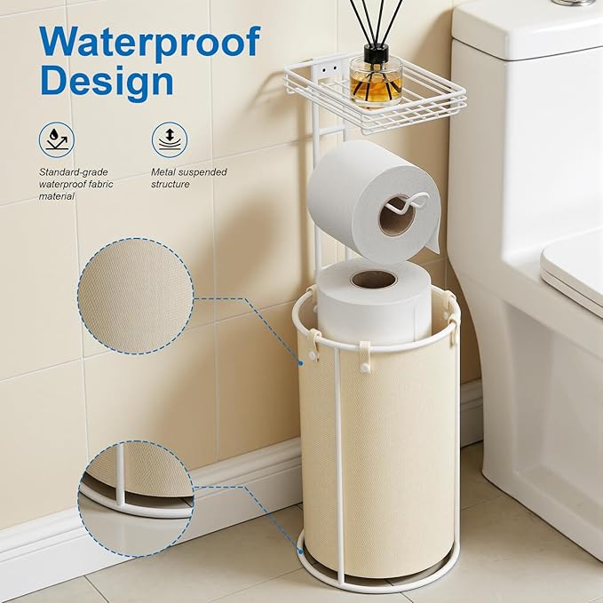 Standing Toilet Paper Storage Rack, Rustproof Metal Stand Up Toilet-Paper Roll Holder, Free Standing Tissue Holder for Bathroom, Tissue Holder with Shelf for Wipes & Phone, White