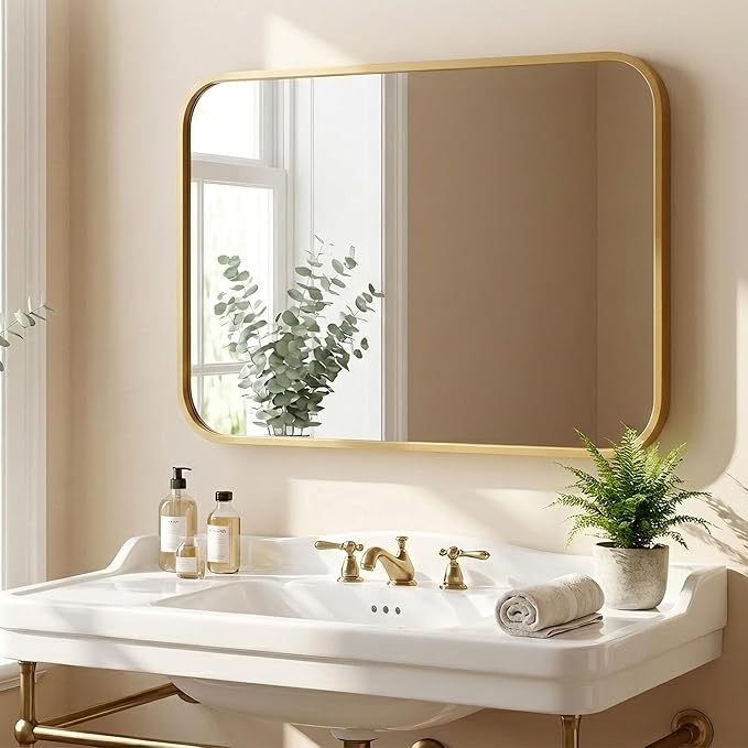 2 Pack Bathroom Mirrors for Over Sink, 22"x30" Gold Framed Vanity Mirror, Rounded Corner Rectangular Metal Mirror for Wall, Mid Century Modern Decor