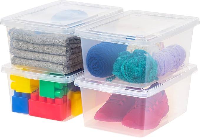 IRIS USA 4-Pack Storage Bins with Lids, 15 Quart, Shoe Boxes Clear Stackable Containers Organize Shoes Closet Shelves, Classroom Organization Teacher Tools, Game Storage - BPA-Free Plastic