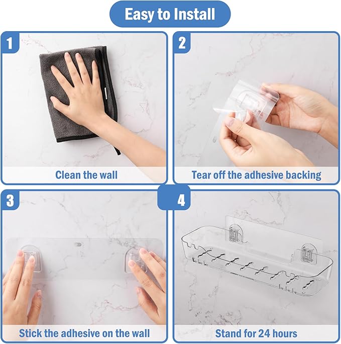 2 Pack Acrylic Shower Shelves, Adhesive Shower Organizer Wall Mounted Shower Caddy Bathroom Organizers and Storage No Drilling, Quick-Dry, Easy to Clean and Install, Clear