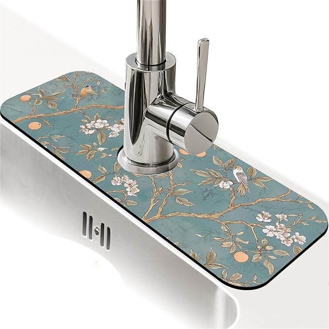 Kitchen Sink Splash Guard，oranges tree with birds Faucet Mat Sink Gadgets-Super Absorbent Fast Drying Mat Drip Catcher for Kitchen, Bathroom,Sink Mat, Dish Drying Mat, Bathroom(15" X 5.5" )