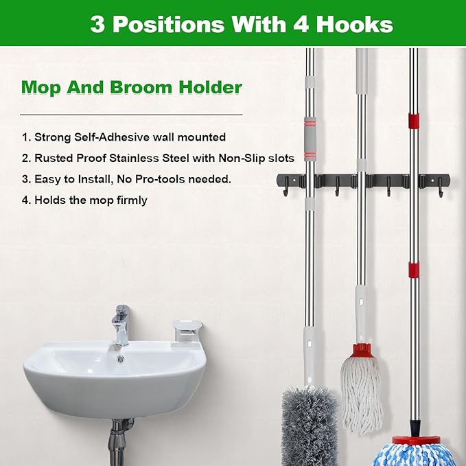 Mop and Broom Holder Wall Mount, 3 Racks with 4 Hooks, Stainless Steel Broom Organizer, Self Adhesive or Screw Mounted, Heavy Duty Storage for Home Kitchen Laundry Garage (silver)