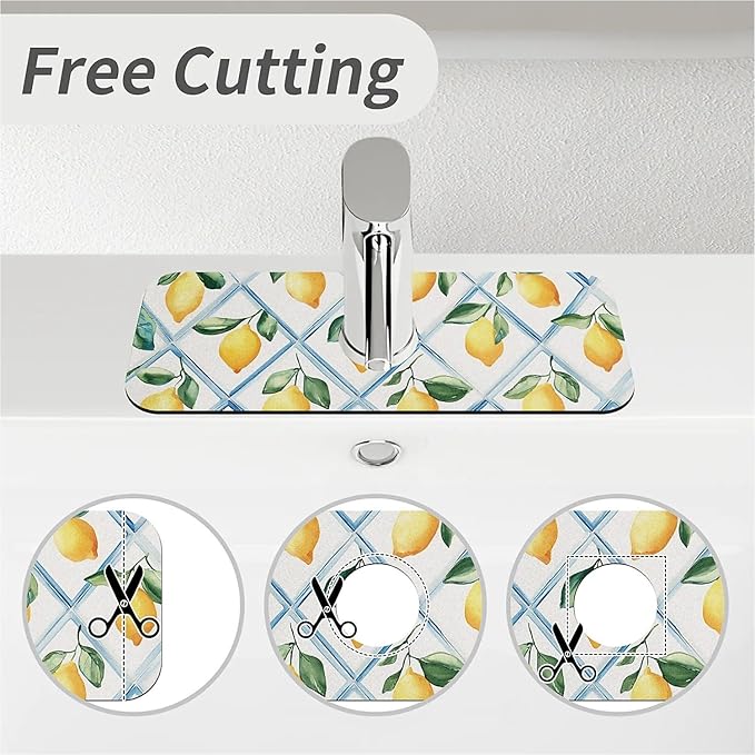 Kitchen Sink Splash Guard，Tiles and lemons Faucet Mat Sink Gadgets-Super Absorbent Fast Drying Mat Drip Catcher for Kitchen, Bathroom,Sink Mat, Dish Drying Mat, Bathroom(15" X 5.5" )