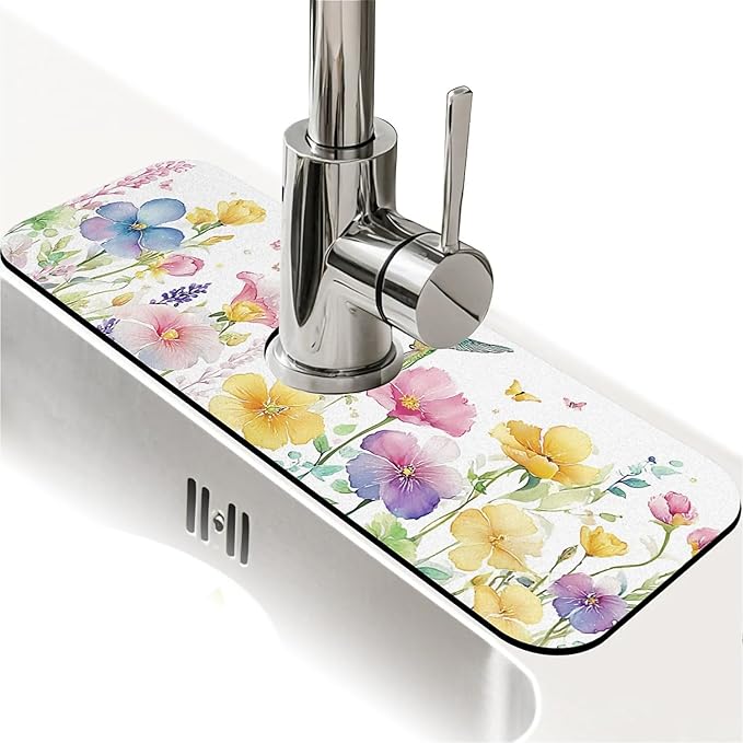 Kitchen Sink Splash Guard，Spring flowers with hummingbirds Faucet Mat Sink Gadgets-Super Absorbent Fast Drying Mat Drip Catcher for Kitchen, Bathroom,Sink Mat, Dish Drying Mat, Bathroom(15" X 5.5" )