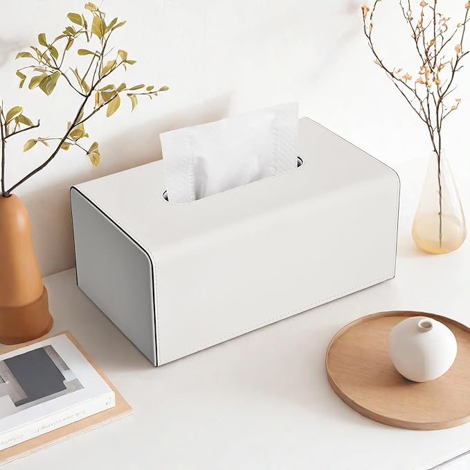 KINGFOM Tissue Box Cover, PU Leather Rectangular Tissue Box Holder with Magnetic Bottom Cover for Facial Tissues/Napkins, Office & Living Room Decor Box (Ivory White)