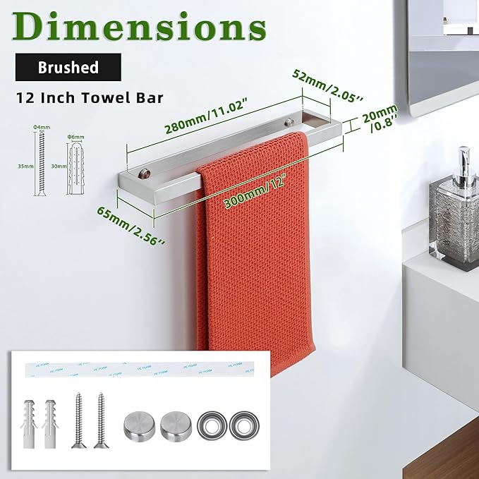 Alise Bath Towel Bar,Wall Mount Towel Holder Towel Rack Towel Hanger for Bathroom Lavatory,12 Inch SUS304 Stainless Steel Towel Rail,Brushed Finish