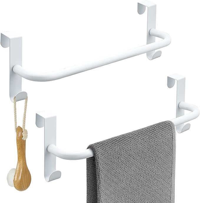 SAYAYO Over Cabinet Towel Bar White, 10 Inch Kitchen Towel Holder with 2 Hooks, Over The Cupboard Door Dish Towel Rack, 2 Pcs
