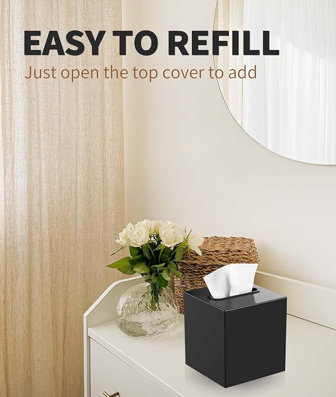 Livelab Metal Tissue Box Cover, Square Tissue Box Holder Modern Decor Facial Napkin Holder Tissue Box Dispenser for Bathroom Vanity Countertop, Living Room, Bedroom, Office | Black