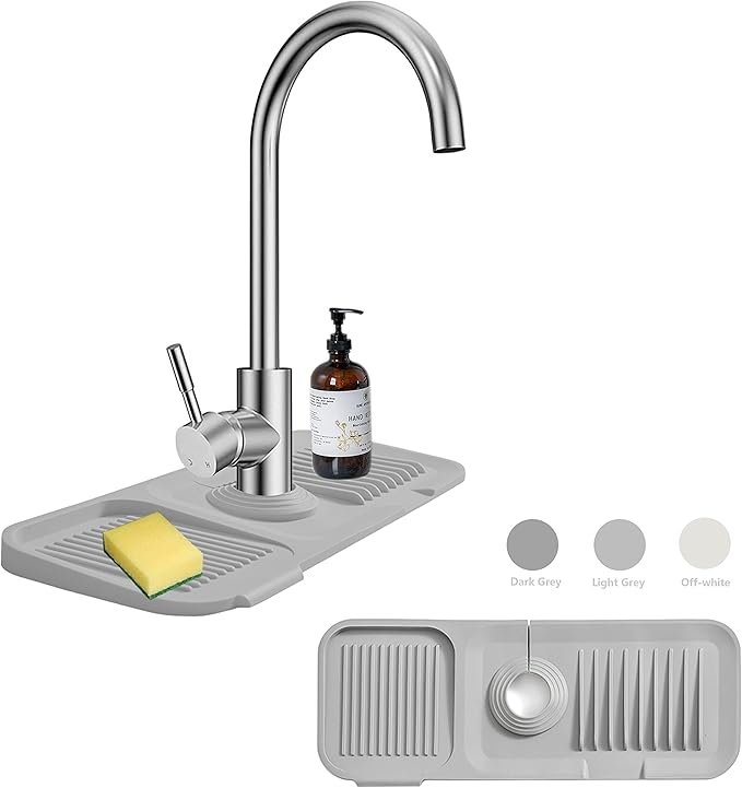 Kitchen Sink Splash Guard Sponge Holder - Silicone Faucet Drip Catcher Tray - Sink Protector - Fits Faucet Tube within 2.5" (Light Grey, 14.6")
