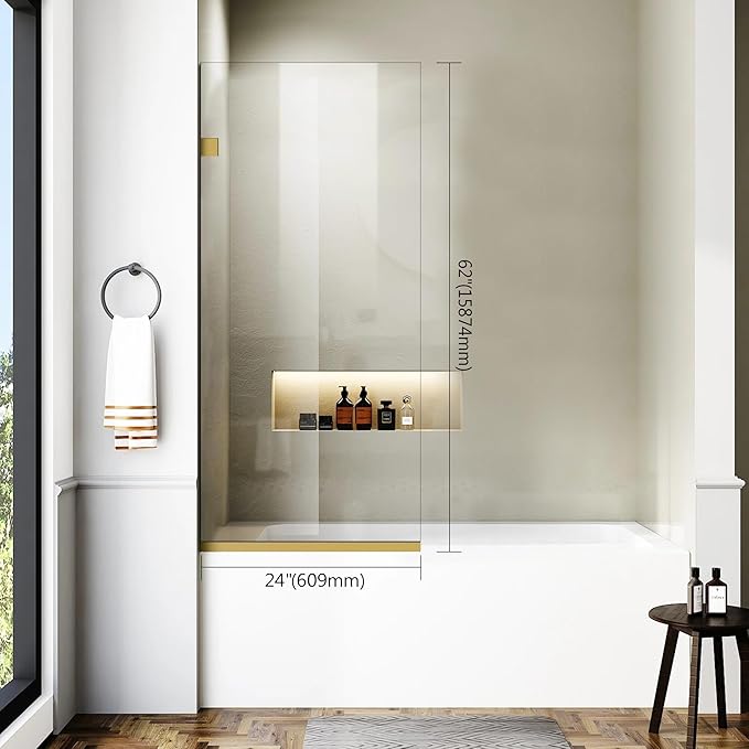 Bathroom Shower Glass Door 24 * 62" - 5/16"(8mm) Thick Clear Tempered Glass Panel, Fixed Hinged Framless Shower Glass Door with Bottom Seal, Brushed Gold