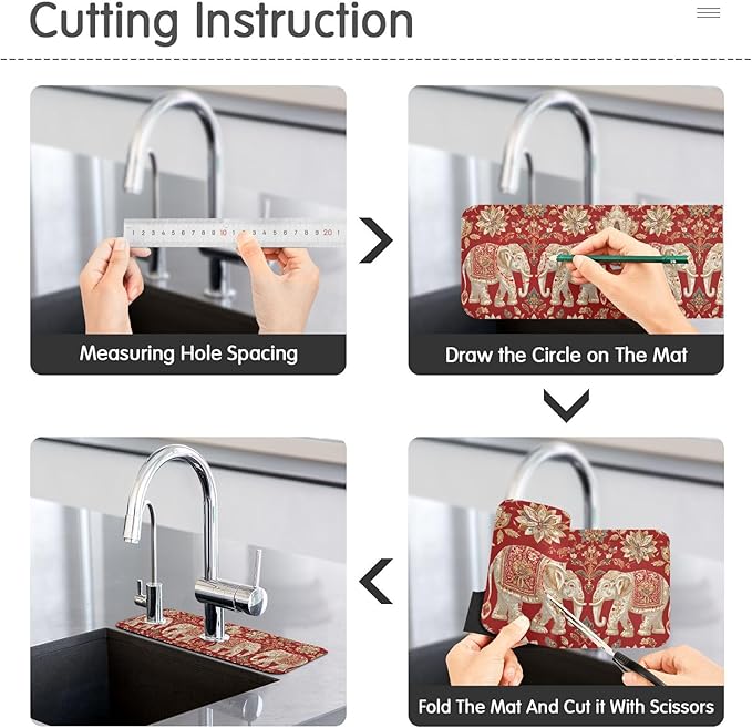 Kitchen Sink Splash Guard 2 PCS 30 Inch Sink Faucet Mat Splash Guard for Bathroom Countertop Water Absorbent Foldable Cuttable Soft Washable Red Retro Elephant Flowers