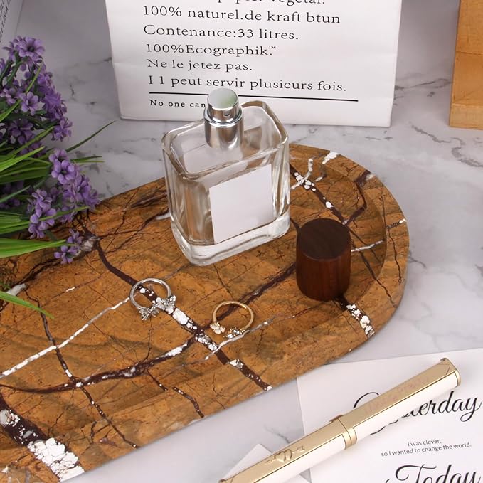 Oval Marble Bathroom Vanity Tray, Natural Luxury Marble Home Kitchen Bathroom Table Tray, Stone Decorative Countertop Serving Trays for Coffee Perfume Jewelry Makeup (Rainforest Brown, 10 * 5 * 0.6)