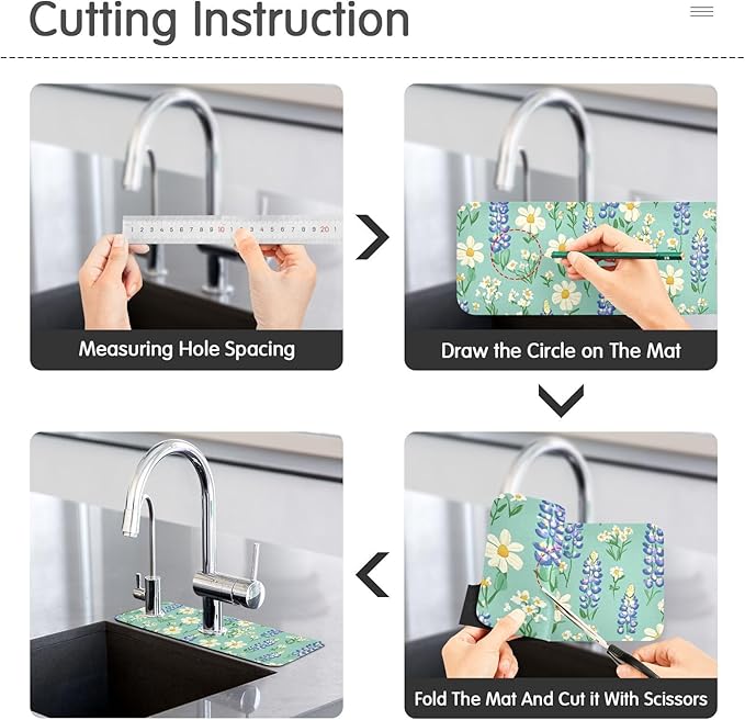 Kitchen Sink Splash Guard 2 PCS 14.7 Inch Sink Faucet Mat Splash Guard for Bathroom Countertop Water Absorbent Foldable Cuttable Soft Washable Cute Green Bluebonnet and Daisies