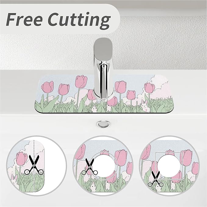 Kitchen Sink Splash Guard，pink tulips,white rabbits Faucet Mat Sink Gadgets-Super Absorbent Fast Drying Mat Drip Catcher for Kitchen, Bathroom,Sink Mat, Dish Drying Mat, Bathroom(15" X 5.5" )