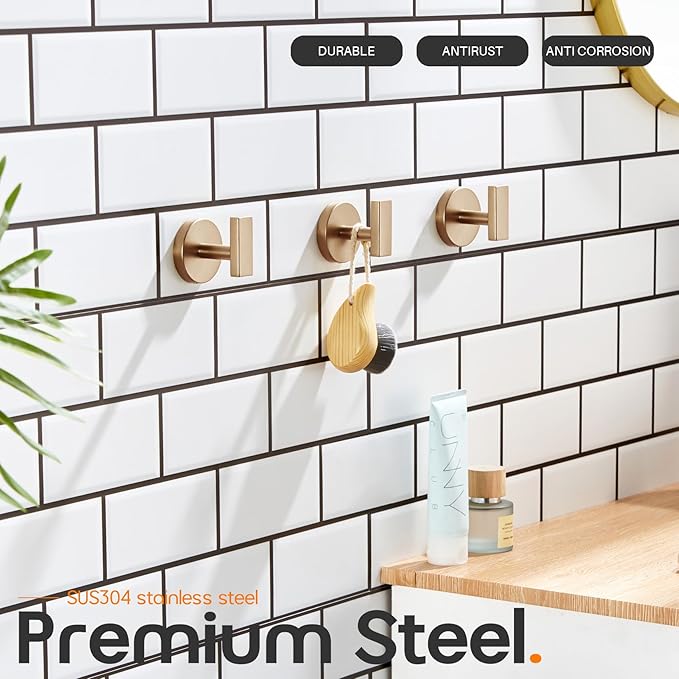 Bath Towel Hooks Wall Mount Robe Hook Stainless Steel Wall Hooks for Bathroom Kitchen Garage Door Hanger Champagne Bronze 3 Pack, AN1001CPG-P3
