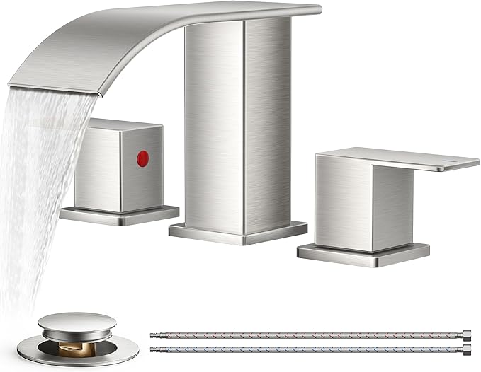 FORIOUS Waterfall Bathroom Faucets 3 Hole, 8 Inch Widespread Brushed Nickel Square Bathroom Sink Faucet with Metal Pop-up Drain and cUPC Hose, Two Handles for Vanity, RV, Farmhouse
