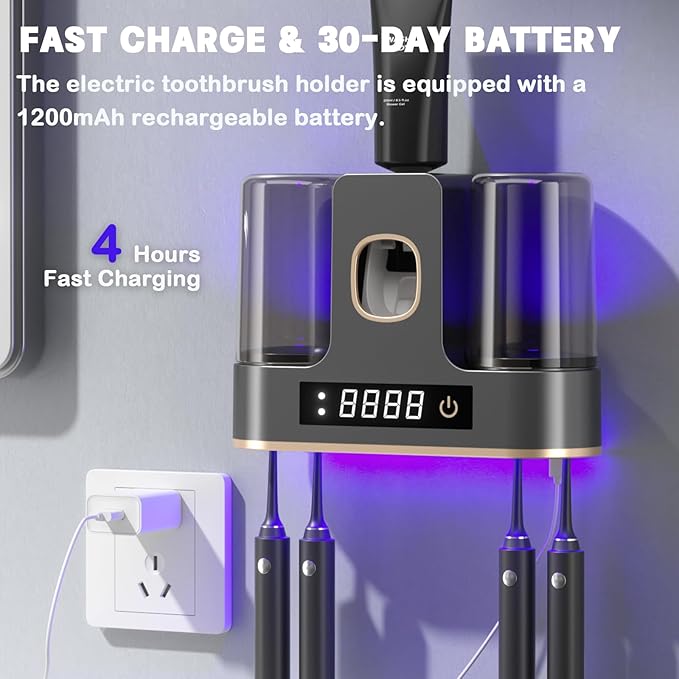 Electric Toothbrush Holders for Bathrooms, Dustproof Smart Toothbrush Holder Wall Mounted - 4 Brush/2 Cup, Auto Toothpaste Dispenser, Hot Air Drying & LCD Display,Toothbrush Cleaner (Gray)