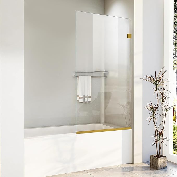 Bathroom Shower Glass Door 24 * 62" - 5/16"(8mm) Thick Clear Tempered Glass Panel, Fixed Hinged Framless Shower Glass Door with Bottom Seal, Brushed Gold
