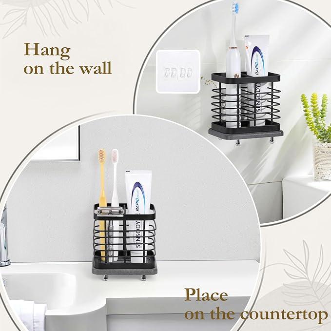 Shinowa Fast-Dry Wall Mounted Toothbrush Holder with Diatomaceous Earth Tray, Stainless Steel Electric Toothbrush & Toothpaste Organizer, No-Drill Adhesive or Countertop Bathroom Holder, 2 Slots