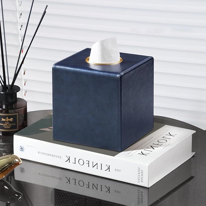 Square Tissue Box Cover, Luxury PU Leather Tissue Holder with Magnetic Closure (Navy Blue)