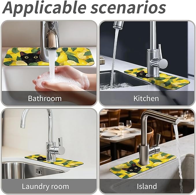 Kitchen Sink Splash Guard，Lemons and Cat Faucet Mat Sink Gadgets-Super Absorbent Fast Drying Mat Drip Catcher for Kitchen, Bathroom,Sink Mat, Dish Drying Mat, Bathroom(15" X 5.5" )