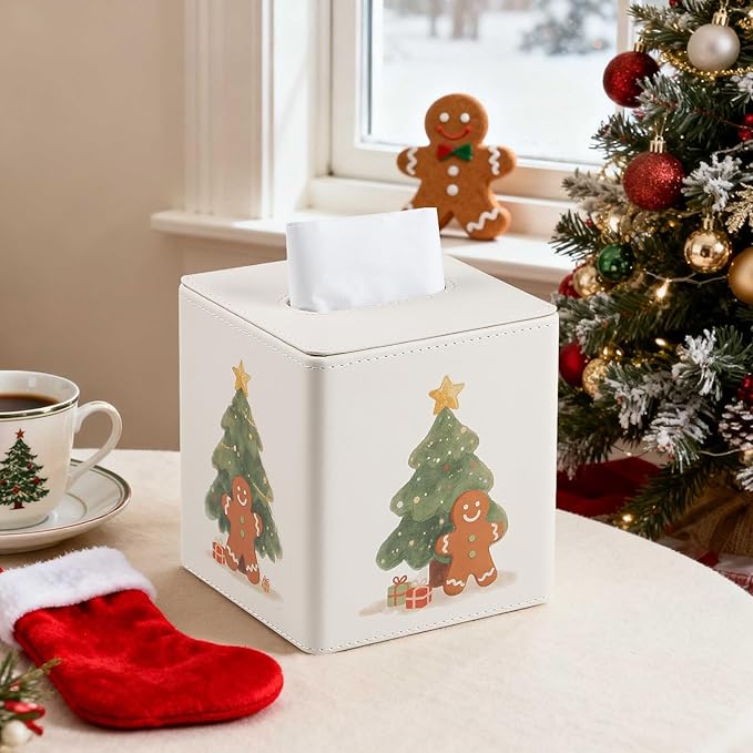 PU Leather Tissue Box Cover Square Tissue Box Holder with Magnetic Closure (Christmas Style)