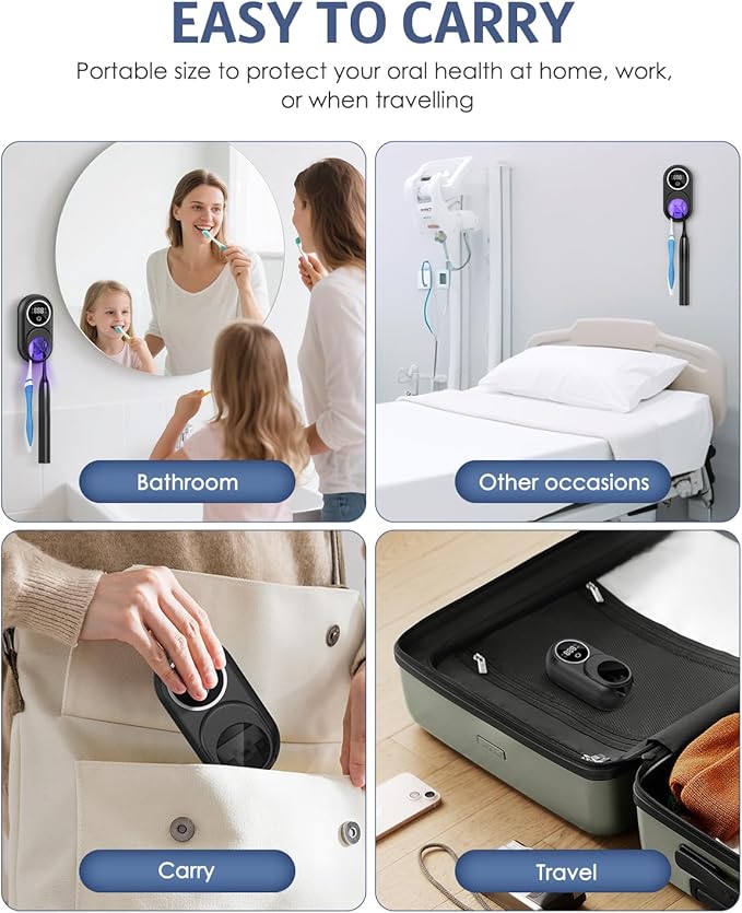Toothbrush Sanitizer Holder, Upgraded UV Toothbrush Holder with Dual-Mode Clean & Fan Dry, LED Smart Screen, Auto-Inductive Cover, Toothbrush Wall Mounted Cleaner Organizer for Bathroom, Trip