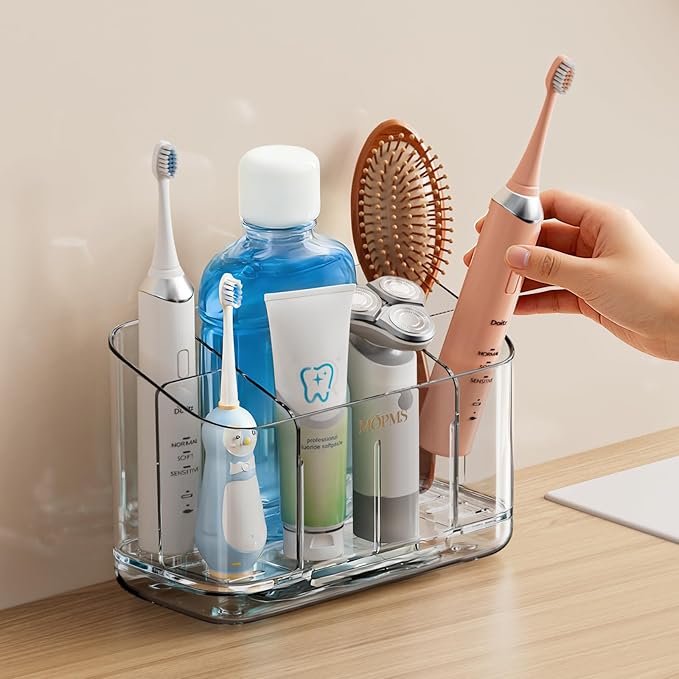 Toothbrush Holders for Bathrooms, 5 Slots Electric Toothbrush Holder Wall Mounted with Adjustable Divider, Detachable Bathroom Countertop Organizer with Drain Tray for Shower/Kitchen/Office