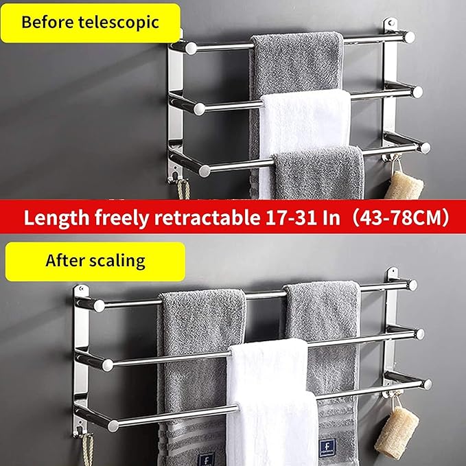 Towel Bars Hanger Freely Retractable 20-30 Inche Stainless Steel 304 Bath Rack Strong 3M Adhesive Bathroom Wall Free mounting Hole-Installing washroom Kitchen Space Saving 3 Bars