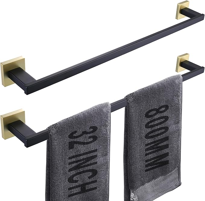 LANC 32-Inche Long Towel Bars for Bathroom Wall Mounted Matte Black and Gold Bath Towel Racks Stainless Steel Towel Rod for Bathroom Kitchen Single Towel Holder Towel Hanger, 2 Pack A9010GK-L8P2