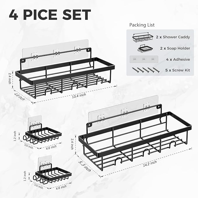 Adhesive Shower Caddy Shelves 4 Pack - No Drill Rust-Proof Bath Organizer for Small Bathrooms