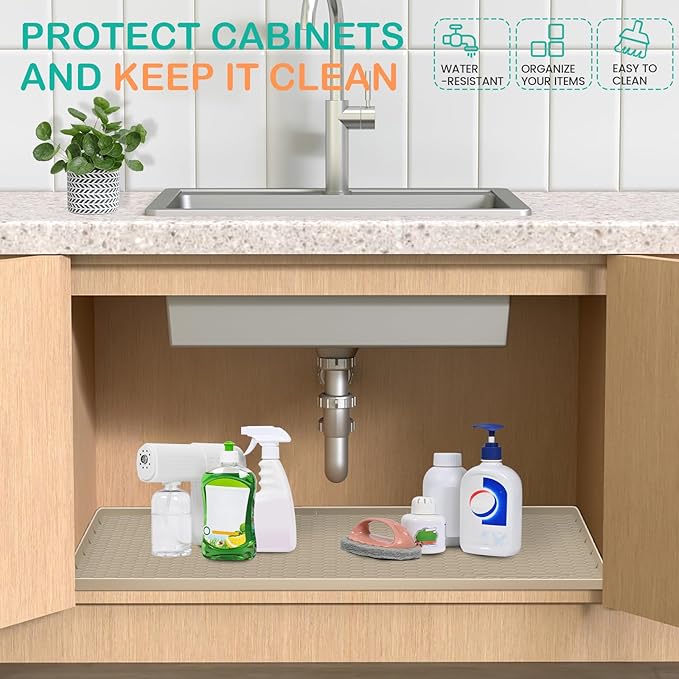 Waterproof Under Sink Mat 28" x 22", Silicone Cabinet Liner, Rubber Protector for Kitchen and Bathroom, Keeps Cabinets Clean, Dry, and Organized (Brown)