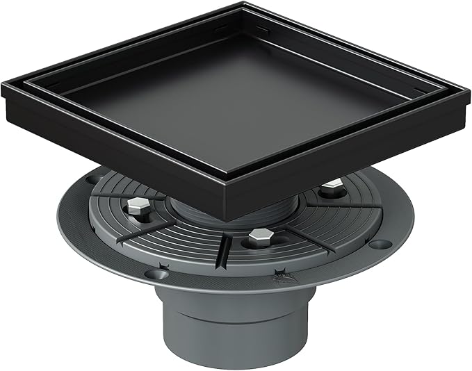 Neodrain 6-Inch Square Shower Drain with Removable Tile Insert Grate, 304 Stainless Steel, Includes PVC Shower Drain Base Hair Strainer, Matte Black