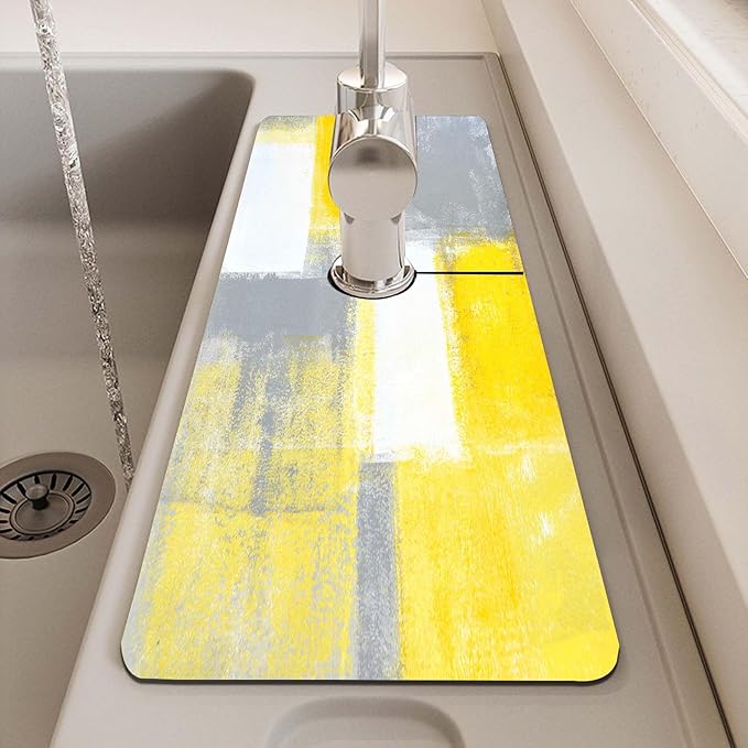 MCALK Yellow Kitchen Sink Faucet Mat Splash Guard, Absorbent Quick-Dry Kitchen Sink Mat - Ideal for Splash Guard & Drip Catching with Abstract Art Decor( 1pc 15"x5.5")