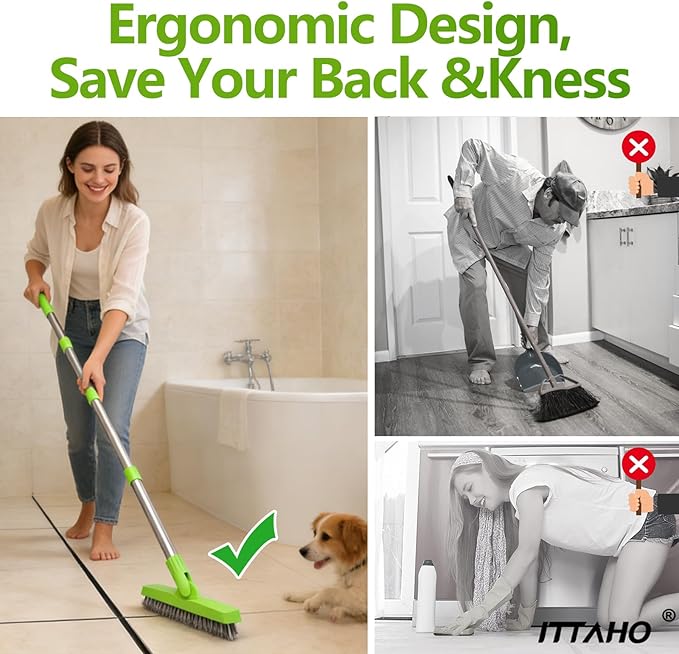ITTAHO 2 Pack Grout Brush with Long Handle, Swivel Cleaning Grout Line Scrubber - Extendable Durable Handle Grout Cleaner Brush for Bathroom,Tile,Baseboard,Walk in Shower,Corner & Narrow Space (Green)