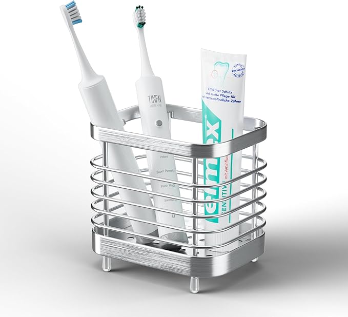 Countertop Toothbrush Holder for Bathroom, Stainless Steel Electric Tooth Brush Stand Storage Organizer with Drainage, Kids Toothpaste Holder Caddy, Silver Bathroom Sink Accessories Decor