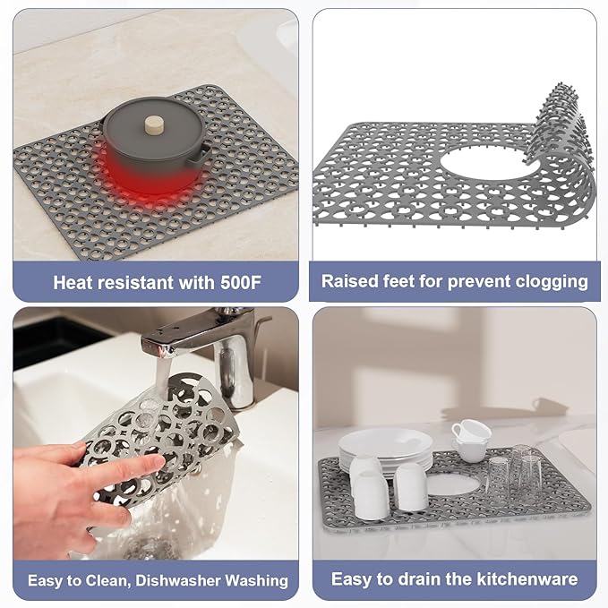 TOOVEM Kitchen Sink Mats, Sink Protectors for Kitchen Sink, 11.5 x 16.2 Inch Silicone Heat Resistant Non-Slip for Bottom of Kitchen Stainless Steel Sink Mats, Grey