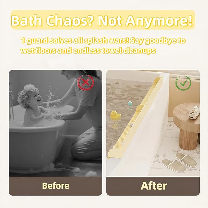 Silicone Bathtub Splash Guard 2-Ft, Toy Tray Holder with 10 Strong Suction Cups, Heightened Guard Design & Quick-Drain Slope Prevent Water Spills, Bathtub Accessories Gift for Family (White)