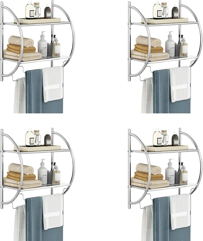 GOFLAME Wall Mounted Bathroom Shelf Set of 4, 2-Tier Chrome Towel Rack with Leaky Design Shelves, Towel Bars, Chrome Bathroom Shelf for Living Room Kitchen Bathroom, Silver