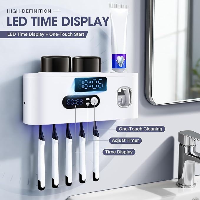 Toothbrush Holders Cleaner & Dryer for Bathroom,LXIANGN Smart Wall Mounted Toothbrush Holders with Countdown LED Screen,5 Toothbrush Slots,2 Cups and Toothpaste Dispenser (White)