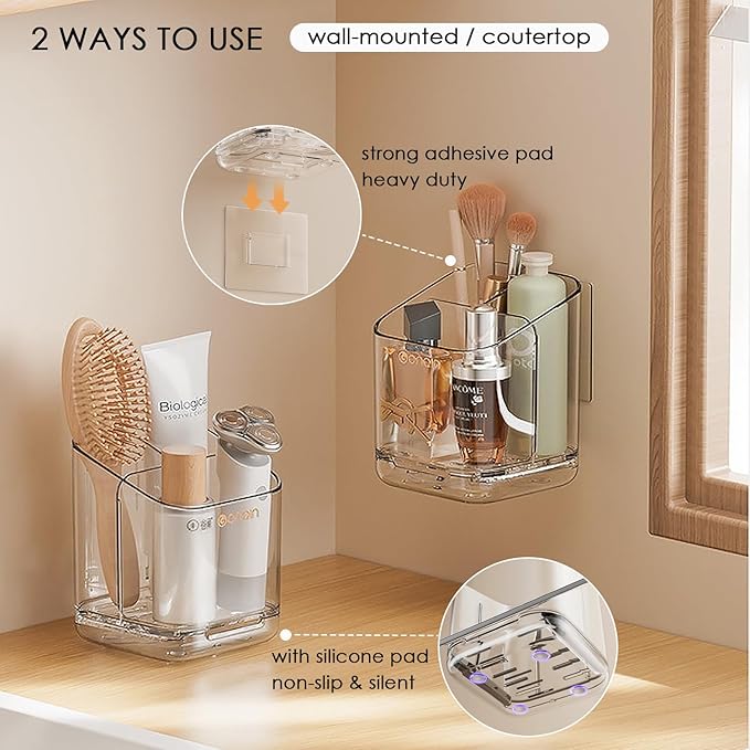 Toothbrush Holders for Bathroom - Detachable Divided Design, Drawer Drainage Tray, Adhesive Wall-Mounted/Countertop Dual-Use, Large Capacity Organizer for Bathroom/Kitchen/Office, Easy Install (Clear)
