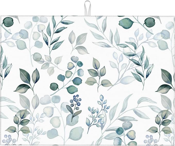 Large Dish Drying Mat for Kitchen Counter,18"X24" Watercolor Green Eucalyptus Leaves Absorbent Reversible Microfiber Dish Drying Mat Dish Drainer Mat Drying Pad for Kitchen Countertop Coffee Bar