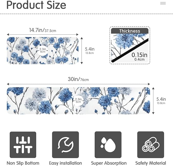 Kitchen Sink Splash Guard 1 PC 14.7 Inch Sink Faucet Mat Splash Guard for Bathroom Countertop Water Absorbent Foldable Cuttable Soft Washable Chinese Style Cornflower