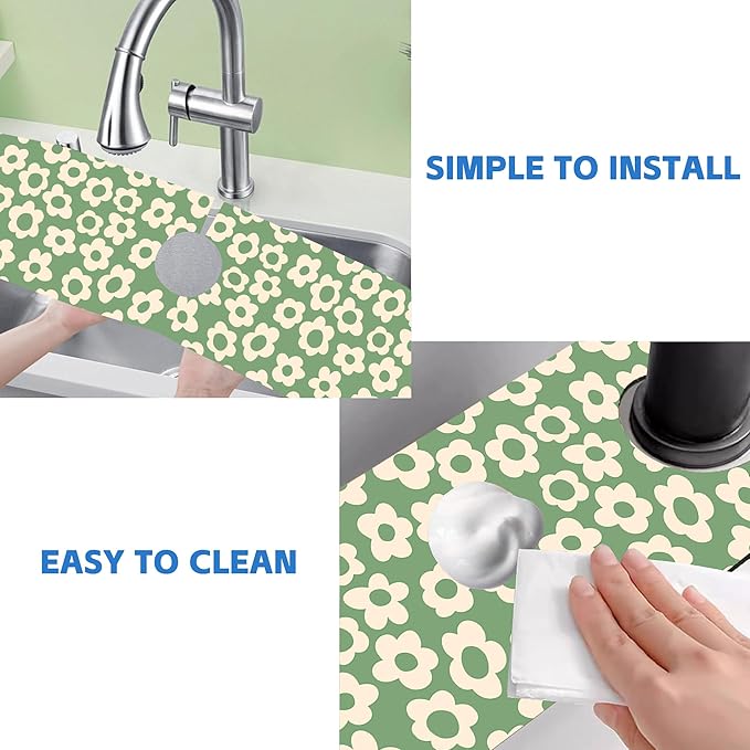 Vintage Groovy Flowers Sink Faucet Absorbing Mat Splash Guard Behind Faucet Sink Mat Absorbent Fast Drying Faucet Draining Mat for Bathroom Kitchen 5.5"×24"